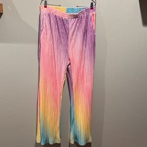 Dressed in LALA Pastel Rainbow Pleated Wide-Leg Multicolor Satin Lined Pants